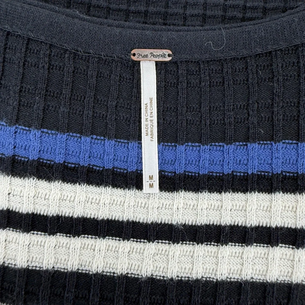 Free People Sweater Dress Striped Medium Black Women Boho‎ Waffle Knit V-Neck